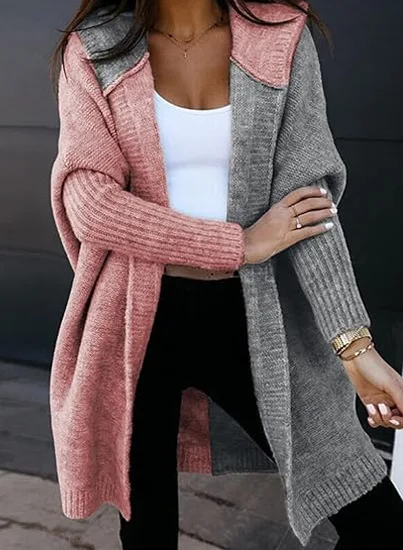 

New Women's Style Cardigan Color-blocking Autumn Winter Cardigan Casual Daily Commuting Style Coat Long-sleeved Knitted Hoodie