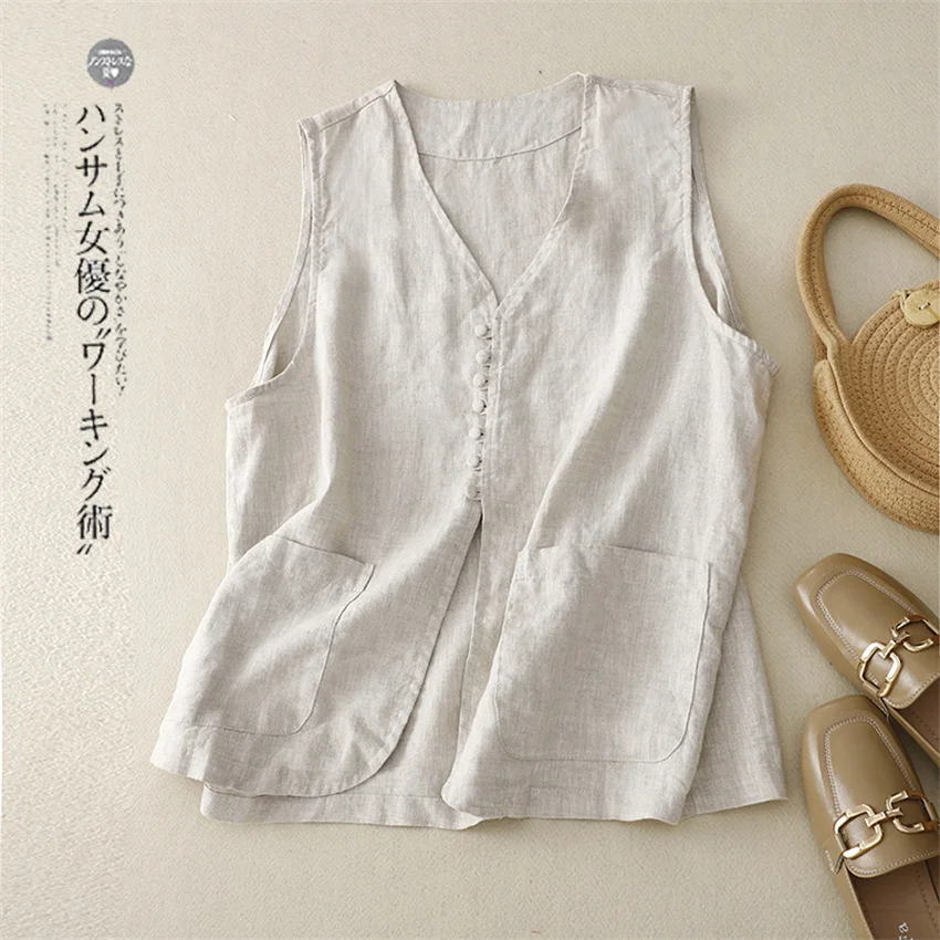 2023 New Big Size Women Cotton and Linen Vest Fashion Lady Solid Vests Slim Female Sleeveless Coat Jackets Short Paragraph 2206