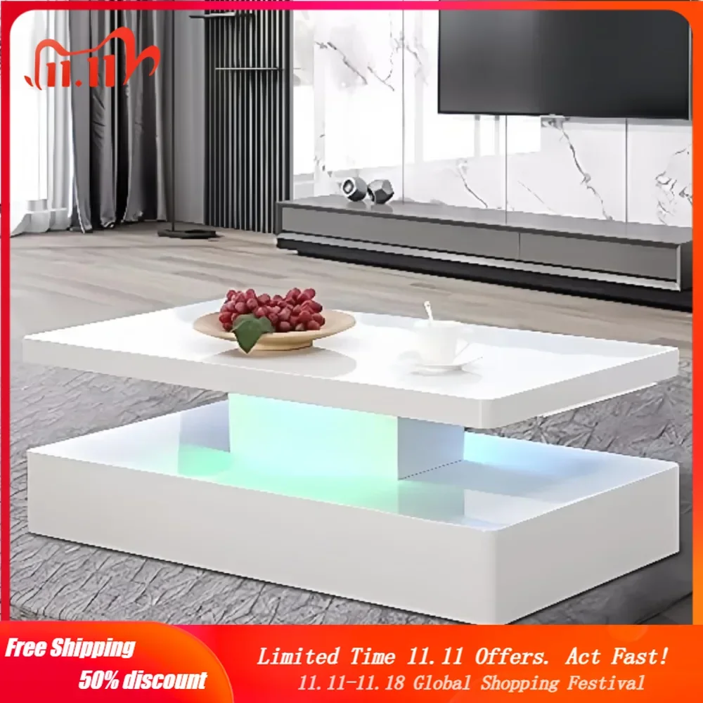 Modern LED Coffee Table 44 Inch, High Glossy Rectangler Center Table with LED Lights &2 Tier for Home Living Room