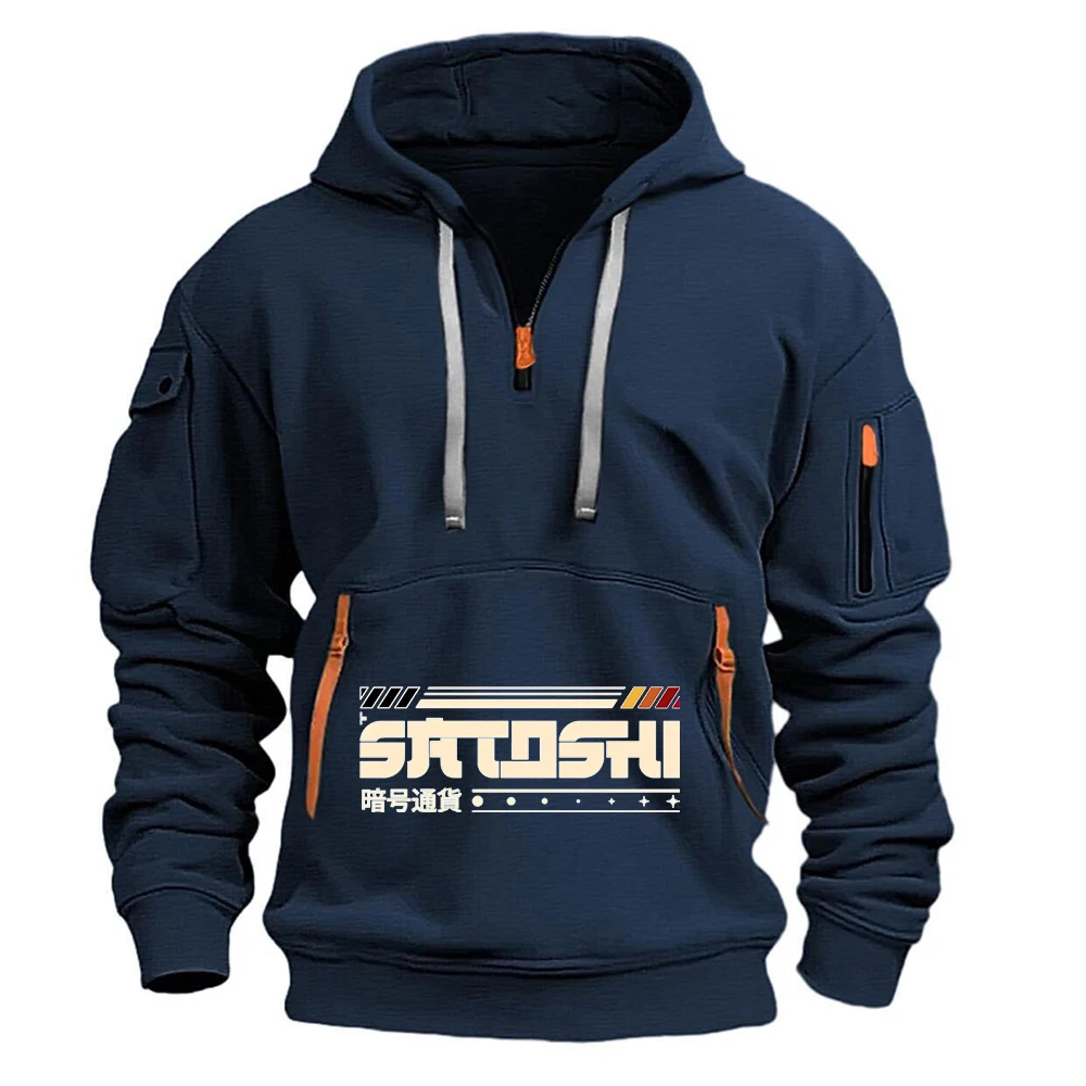 2026 Satoshi and Crypto Graphic Print Men's New Half-Zip Hooded Sweatshirt Multi-Pocket Design Casual Sports Pullover Top
