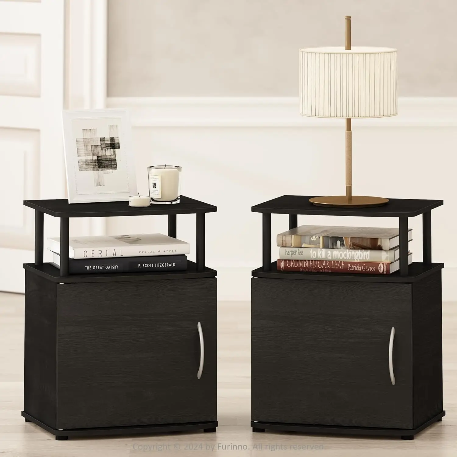 

Night Stand Set of 2 with Open Shelf and Door Cabinet, Round Corner Bedside Table
