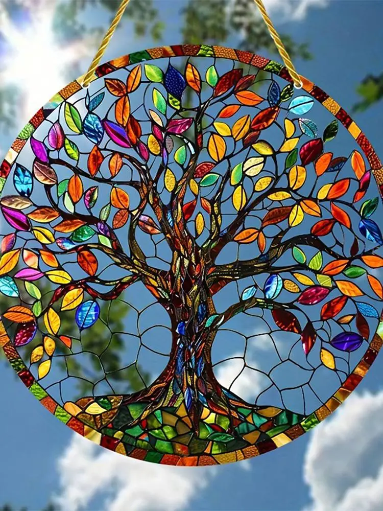Attrape-Soleil Rond Coloré en Vitrail, Ornements Exquis pour Fenêtre JO, Décorations de Signe d'Arbre, Affichage de Poignée de Porte