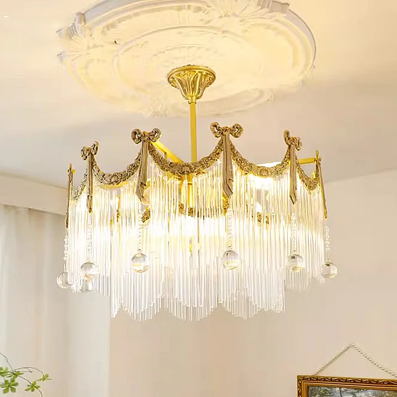 

French Retro Copper Crystal Bowknot Hanging Lamp Luxury Atmosphere Villa Living Room Dining Room Bedroom Chandelier