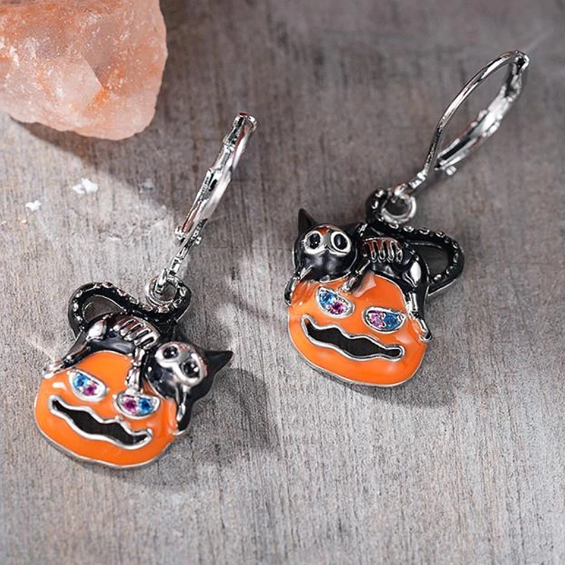 Huitan Halloween Gruselige Ohrhänger für Frauen, schwarze Katze, Jack-o'-lantern, Festival, tragbare Accessoires, gruseliger Partyschmuck