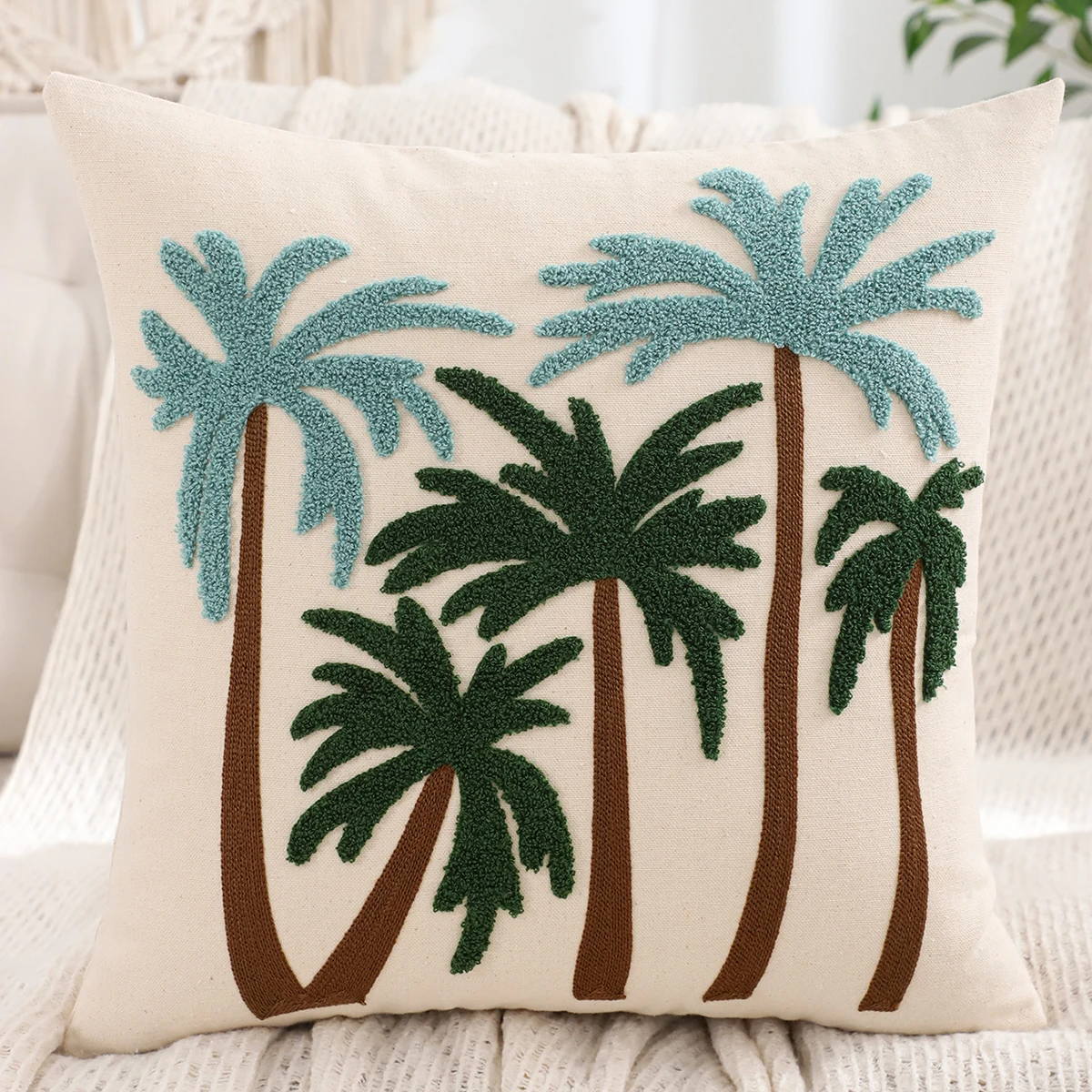 1 PC Palm Tree Embroidered Pillow cover Canvas Spring Summer Living Room Bedroom Sofa Decoration, Beach Vacation Style