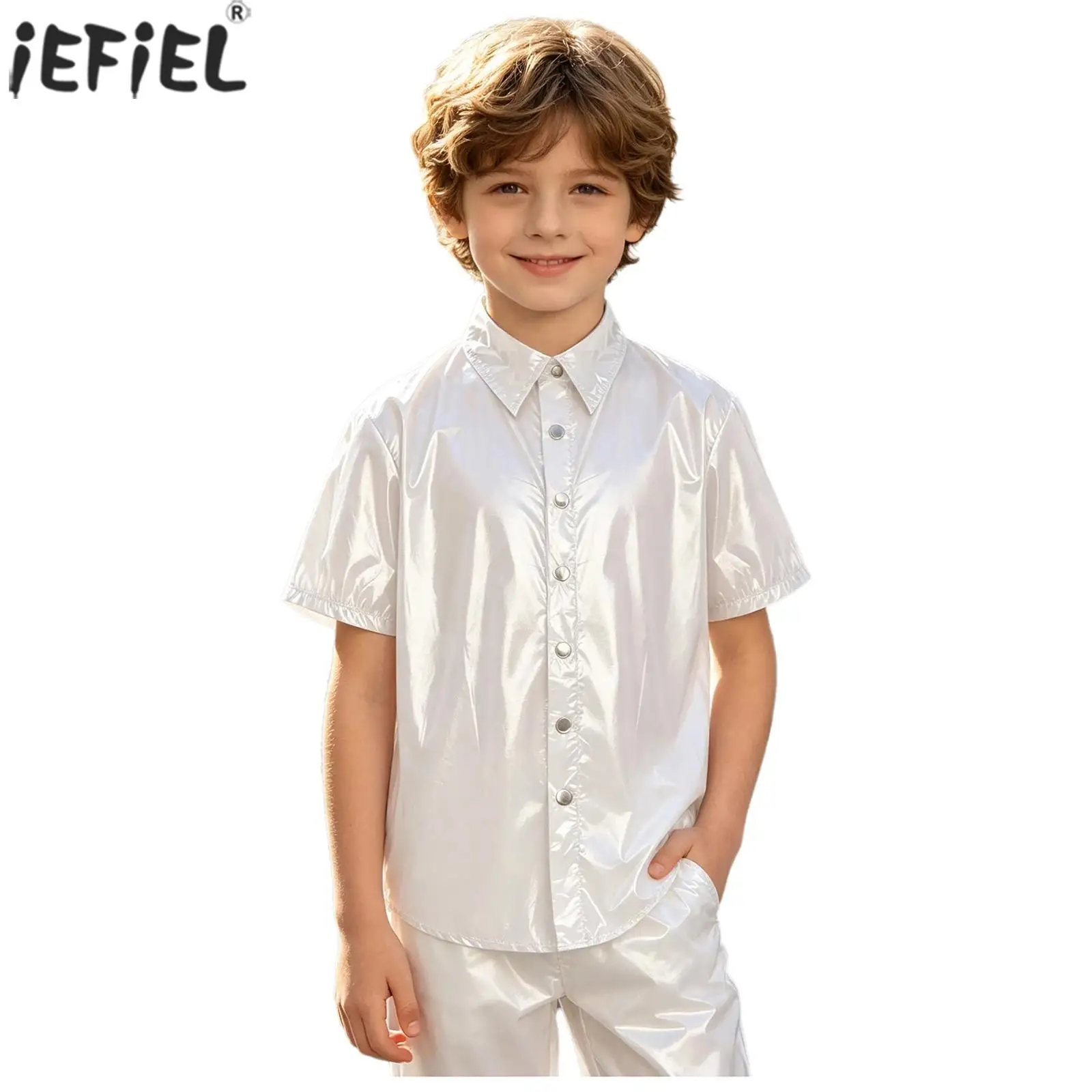 Kids Boys Girls Glossy Waterproof Shirt Short Sleeve Press Button Shirts Top Children Casual Daily Life Special Needs Clothing
