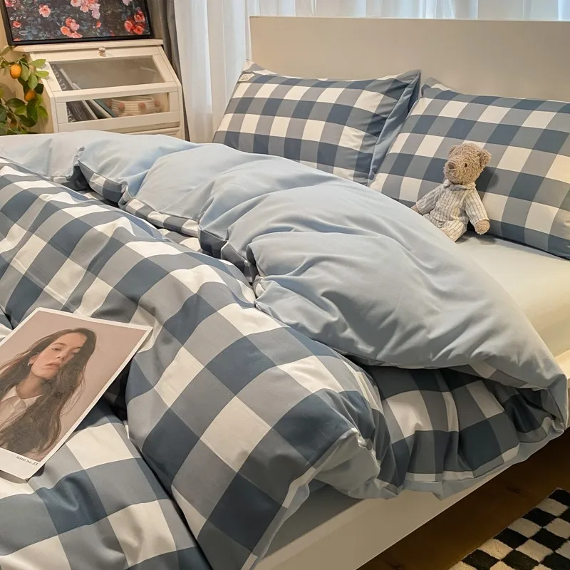 Japanese Style Grid Printed Bedding Sets Washed Cotton Sleeping Naked Quilt Cover Sets Queen/king Size Bed Linens Set
