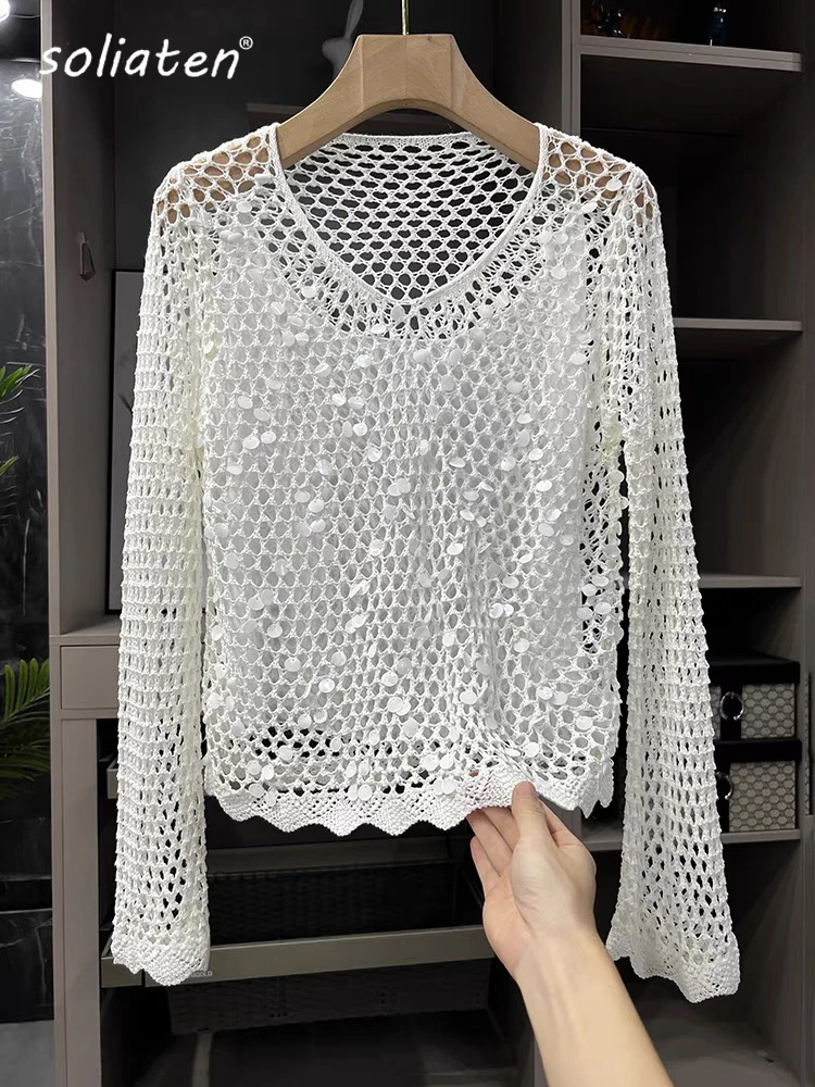 

Luxury Sequin Women T-Shirt 2024 Summer Fashion Bling Bling See Through Knitted Tshirts Woman O-Neck Loose Shining T Shirt B-041