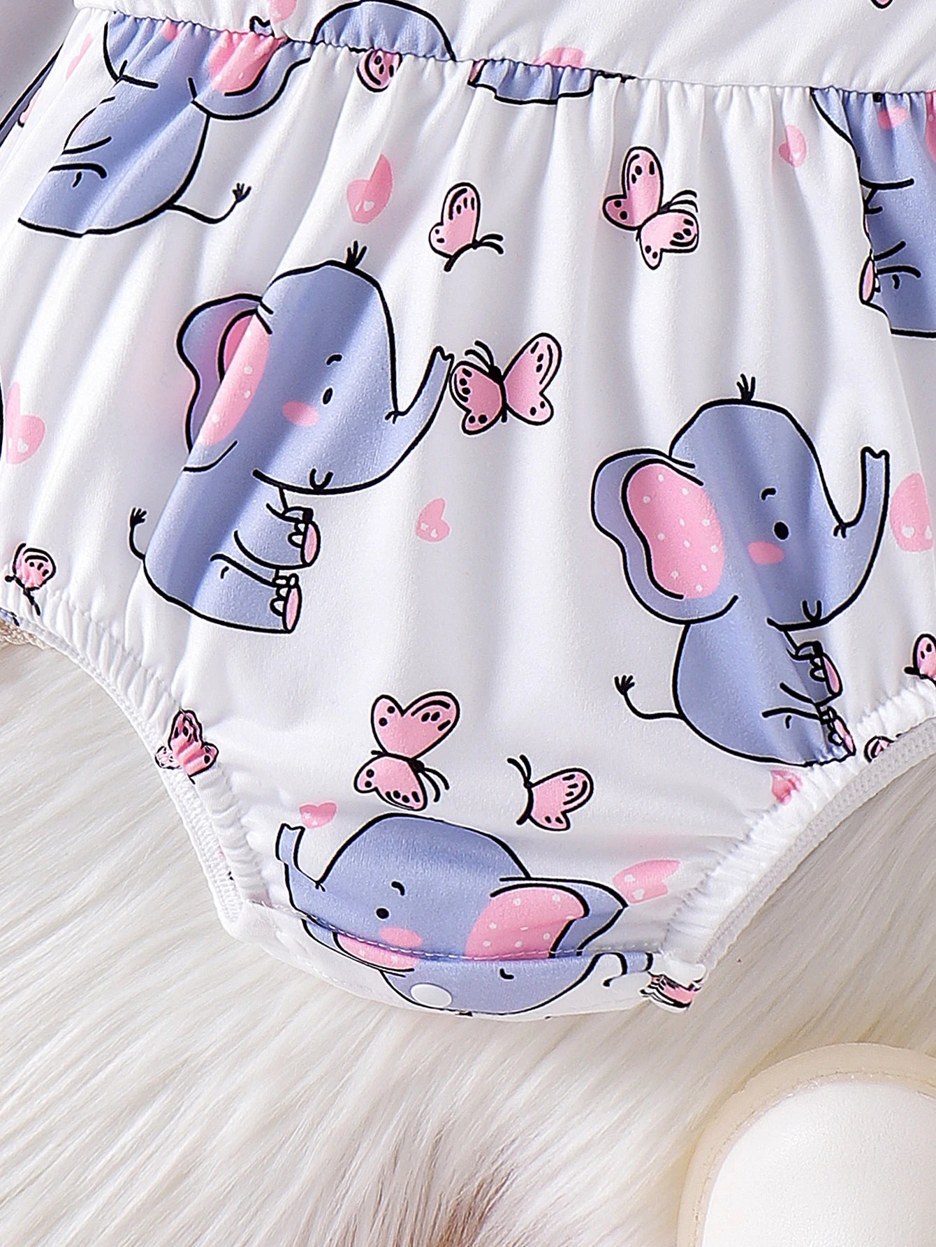 2PCS Autumn Girls Aged 0-1, Comfortable Round-Neck Elephant Butterfly Printed Long-Sleeved Suit + Hair Band