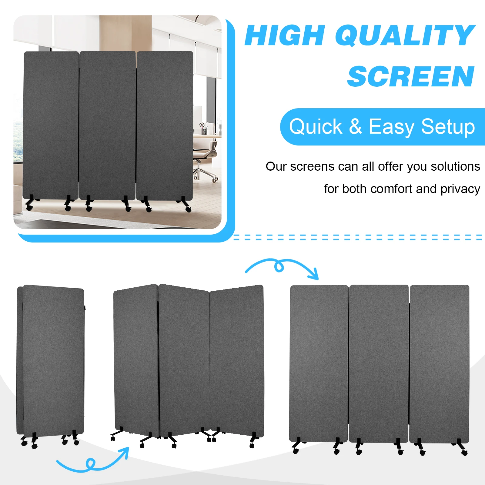 

3 Panel Cubicle Wall 70.8in L X 66in H Classroom Privacy Screen with Wheels for Home Restaurant Reception Room Hospital