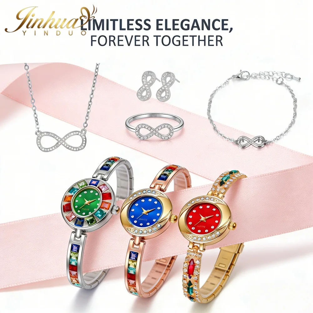 

Ювелирный набор из серебра 925 пробы: серьги-бантики, колье, кольцо, браслет и часы с символом бесконечной любви – идеальный подарок на день рождения, свадьбу или помолвку.