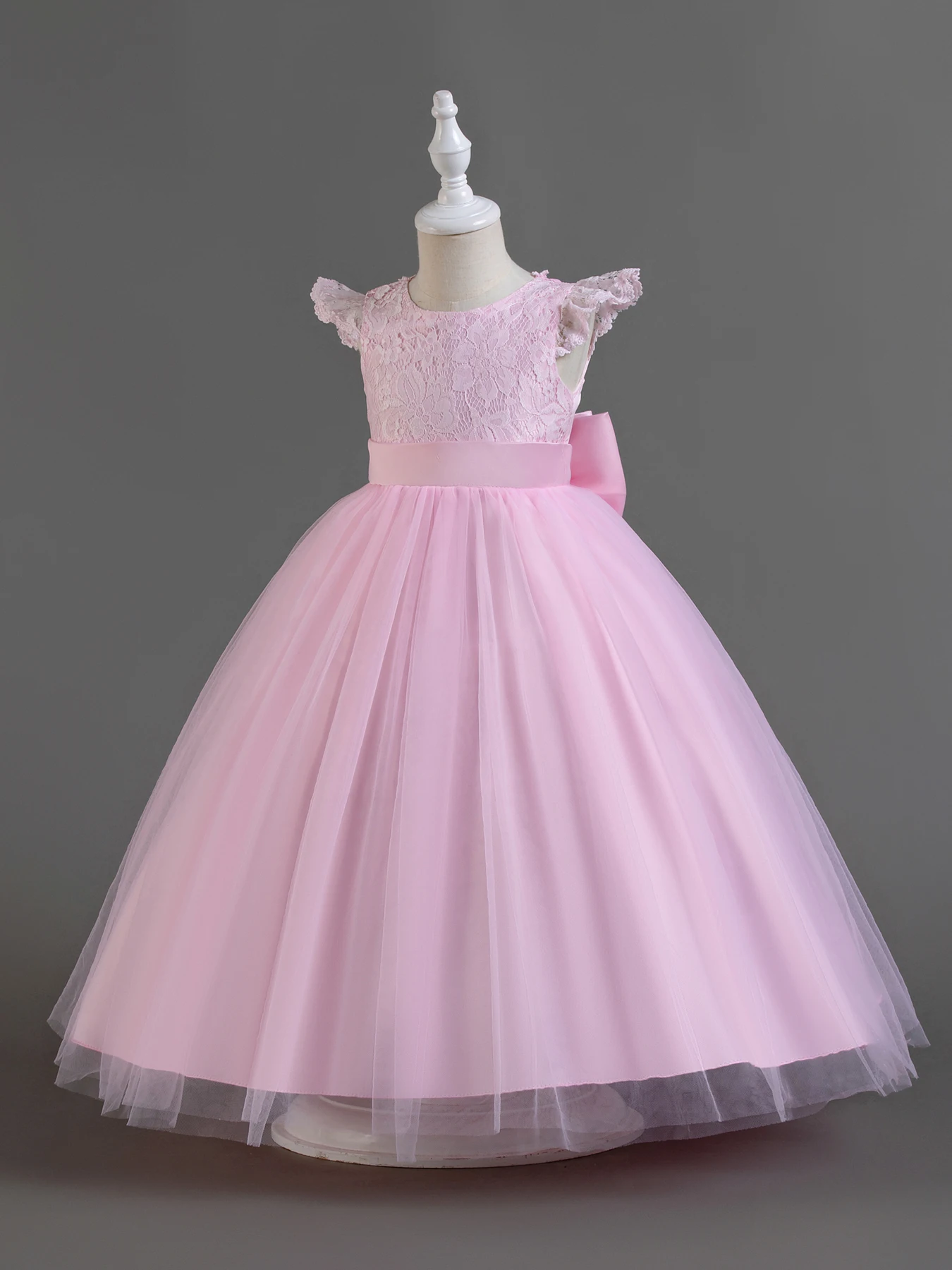 Pink colored lace child princess dress, little girl runway, piano performance Wear flower boy big bow long dress