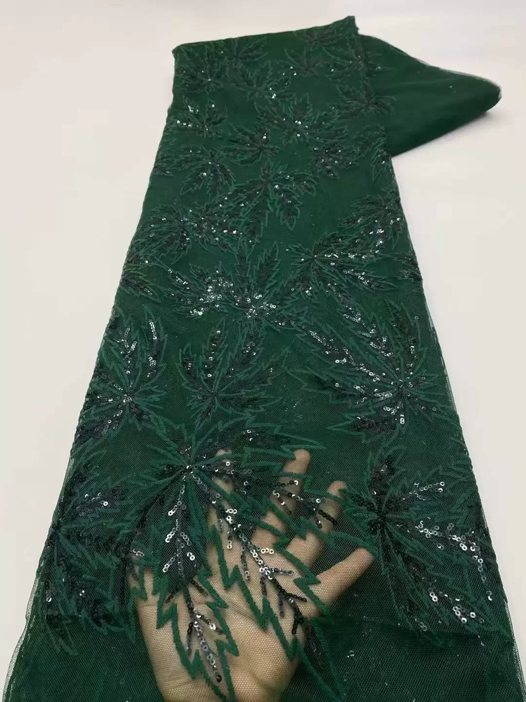 5yard Sequin nail bead maple leaf embroidery tela,soft lace Fabric,Wedding gown and evening gown fabric for sewing