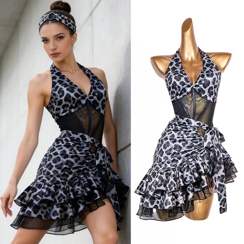 

Танцевальное платье для латиноамериканских танцев 2026 Leopard, женский костюм для выступлений по ча-ча-ча, сценический наряд для латино-шоу, сексуальное платье с лямкой через шею, модель 5365