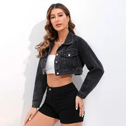 Women's Spring Denim Top with Stylish Lapel and Long Sleeves in Solid Color Individuality High-waisted, Cropped Denim Jacket