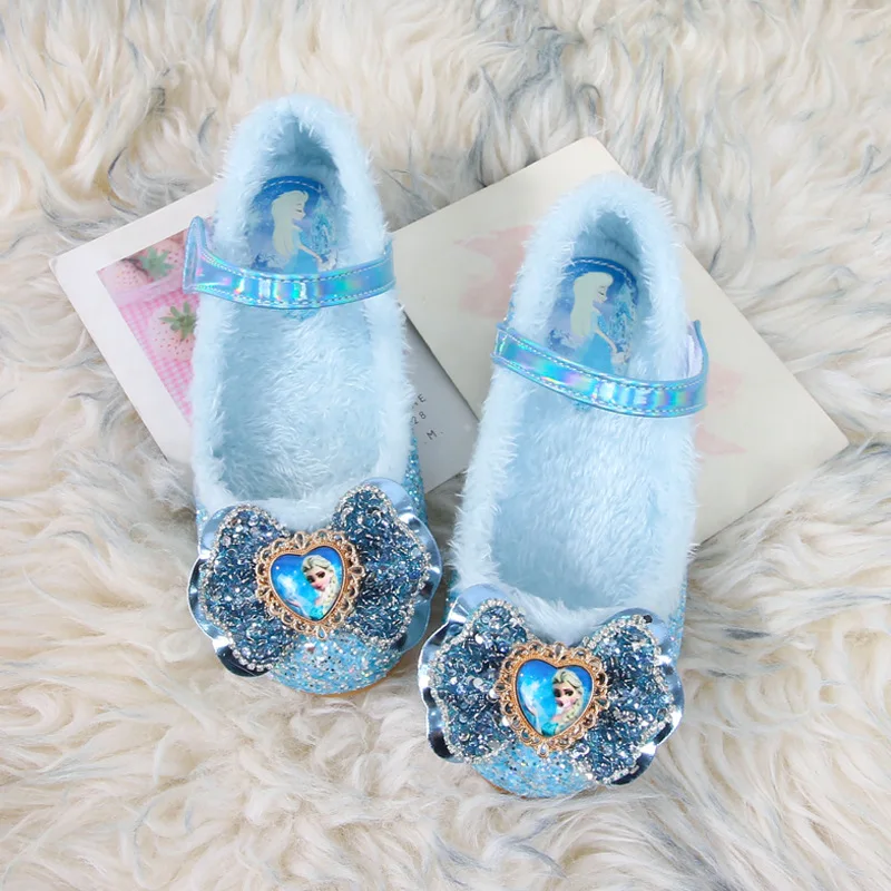 Disney Princess Girls Shoes Frozen Elsa Shoes Performance Party Warm Winter Flats Bow Sequin Pink Blue White Shoes Size 23-36