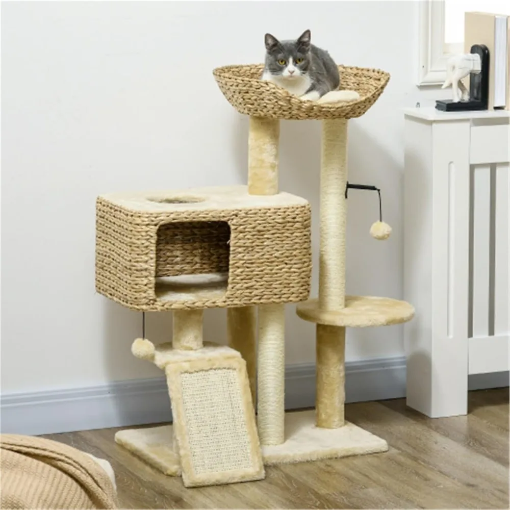 indoor cat tree with scratching posts, ramps, condo, toy balls, platforms, and bed in beige
