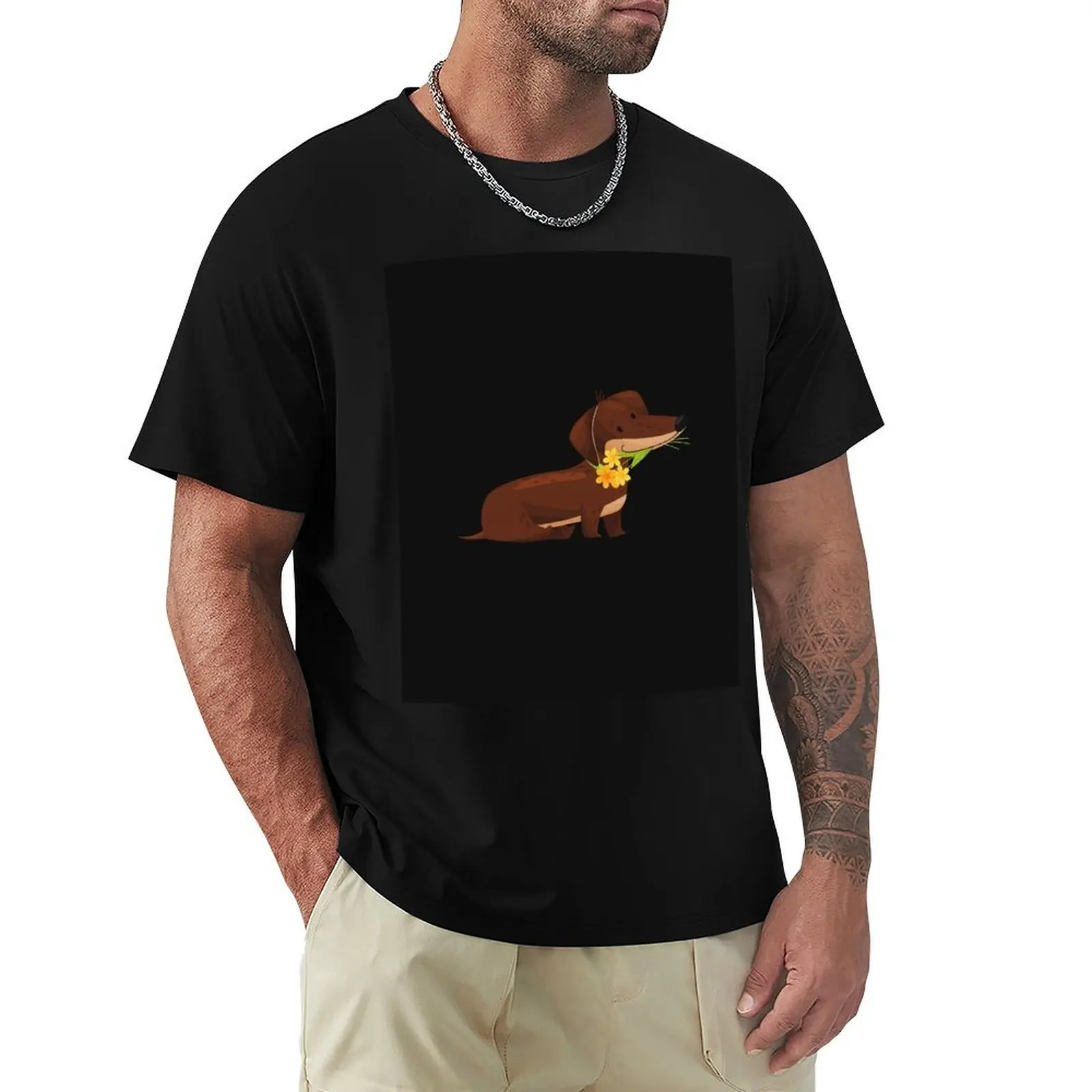 

Cute Dachshund Holding Bunch of Yellow Flowers in Mouth T-Shirt graphics Louboutins t shirts for men graphic