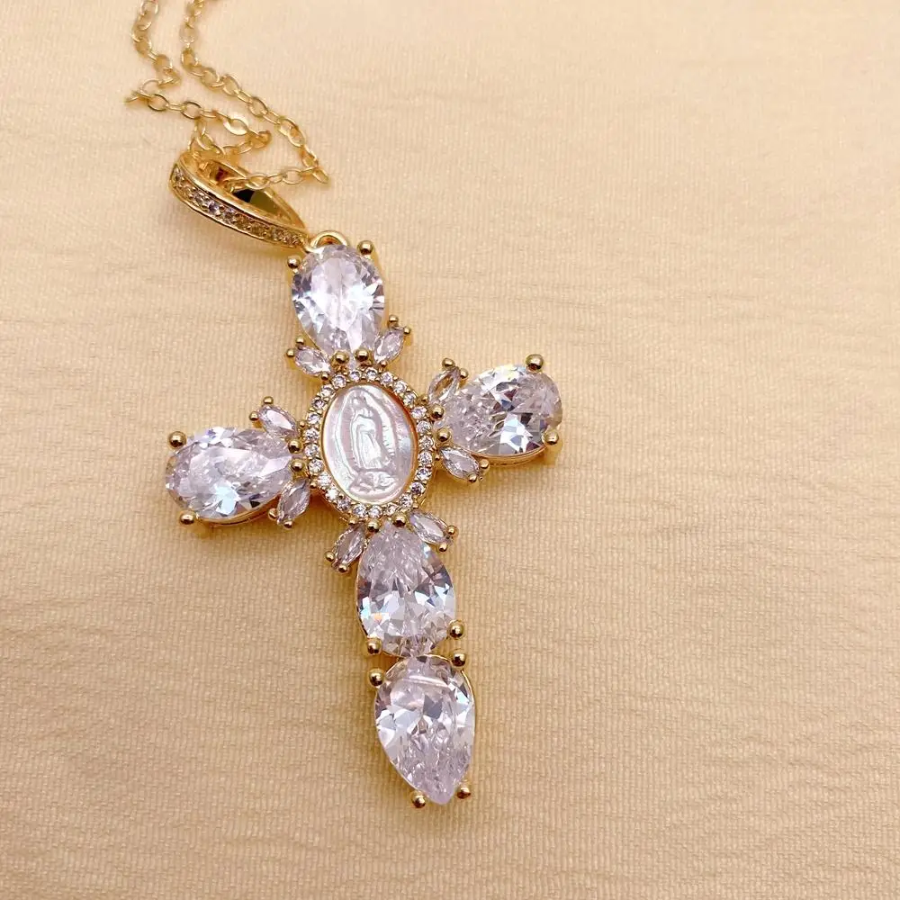 Y·YING Virgin Mary Cross Pendant Chain Necklace Mother Shell Pearl CZ