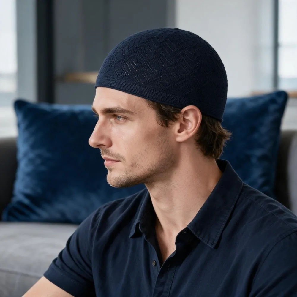 Arabic Man Stretchy Prayer Hat Soft Solid Color Beanie Hat Durable Breathable Men Knitted Cap Daily