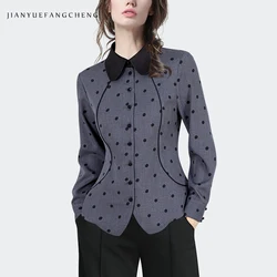 Vintage Grey Polka Dots Woman Shirt Long Sleeve Turn-down Collar Button-down Tops 2024 Fall Winter New Casual Blouses