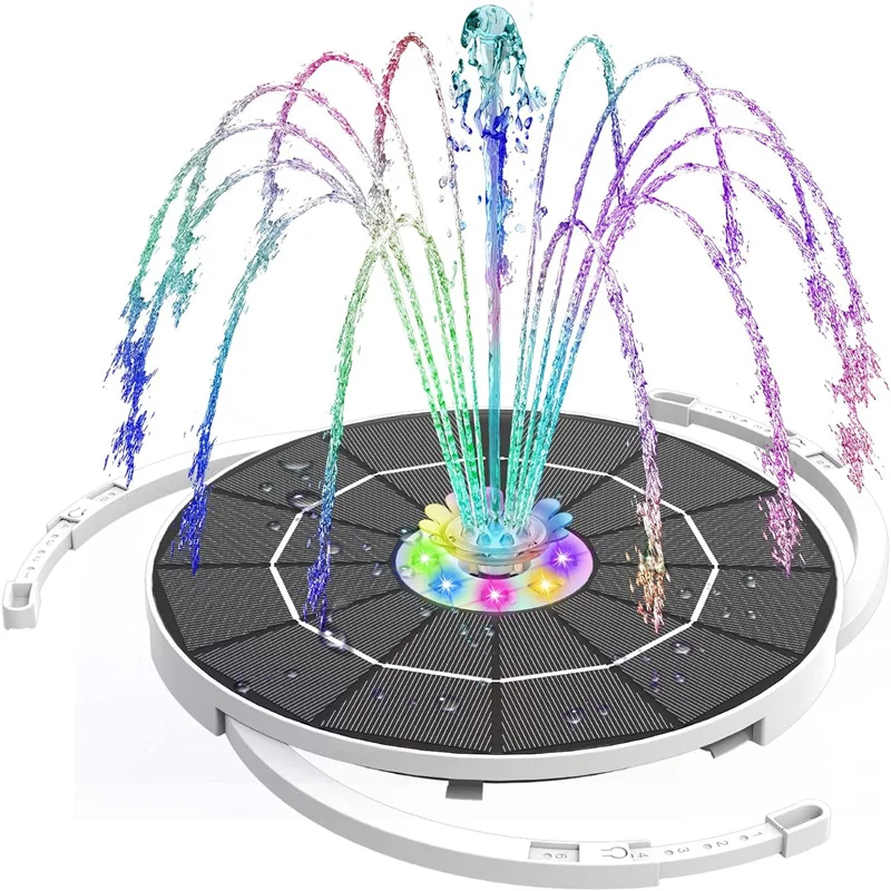 3.5W/5.5W LED Solar Fountain Pump with colorful LED lights and 3000mAh battery, 8 nozzles for outdoor gardens ponds