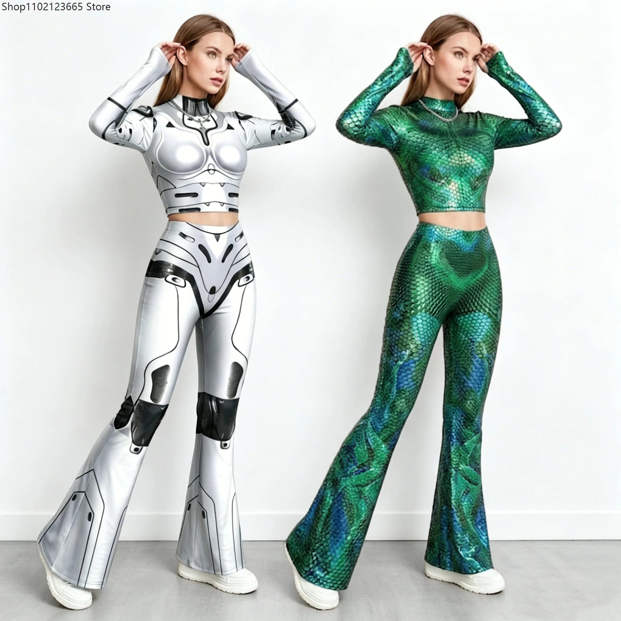 Neues Futuristisches Roboter-Schlangenhaut-Crop-Top und Schlaghosen-Set für Damen, Cosplay-Kostüm, Halloween-Party-Performance-Bodysuit-Outfit 2026