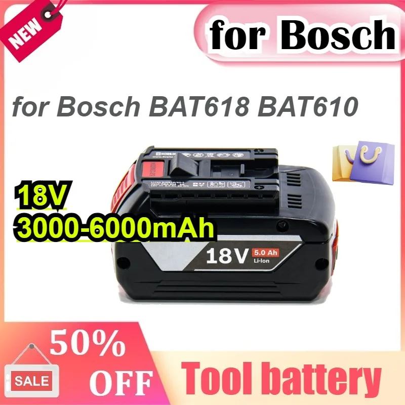 

GSR for Bosch BAT618 BAT610 Professional 18V 6.0Ah Li-ion Battery Replacement with LED for Bosch Quick Charger 14.4V-18V
