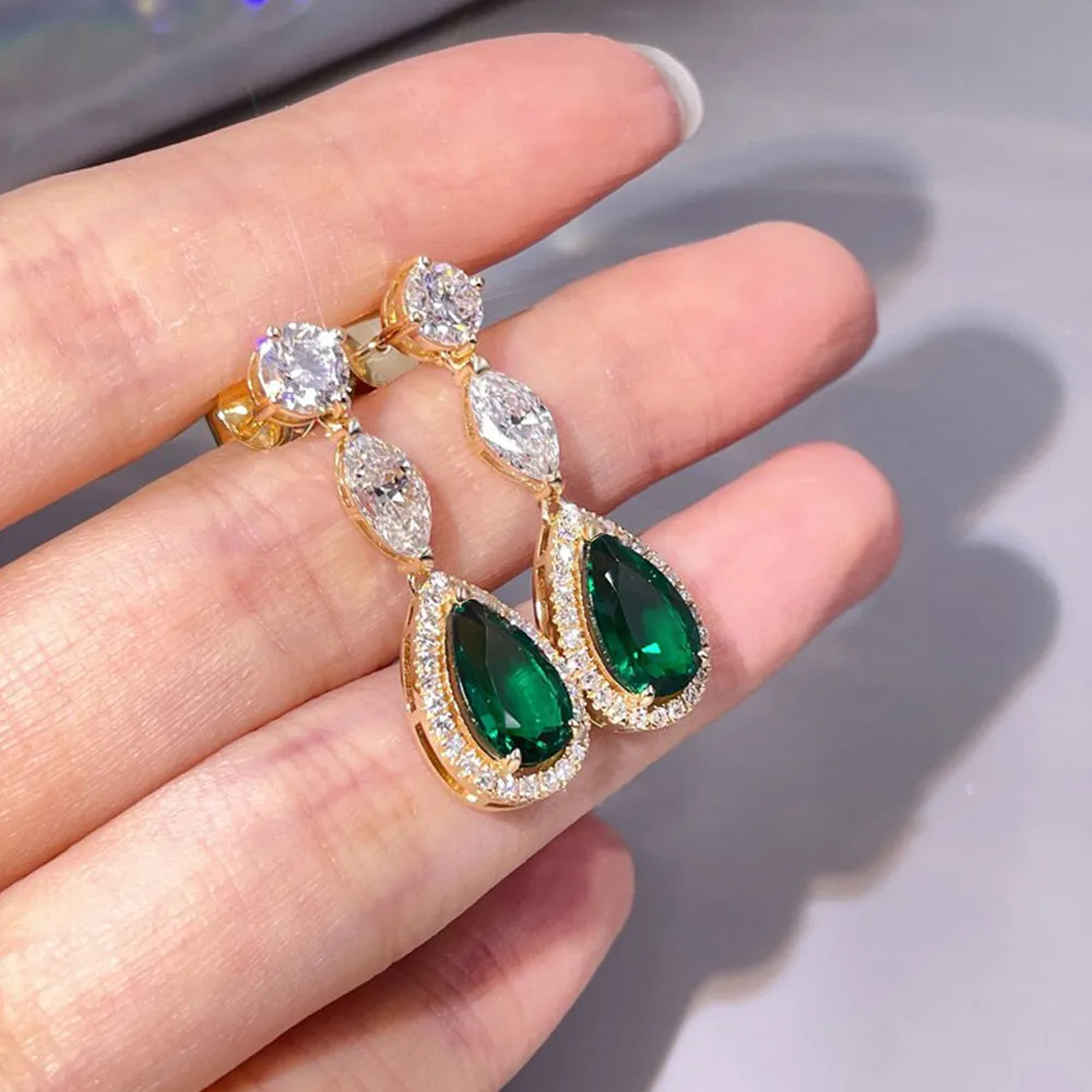 Huitan Luxury Gold Color Women Earrings Pear Shape Green Cubic Zirconia Drop Earrings Elegant Bride Wedding Accessories Jewelry