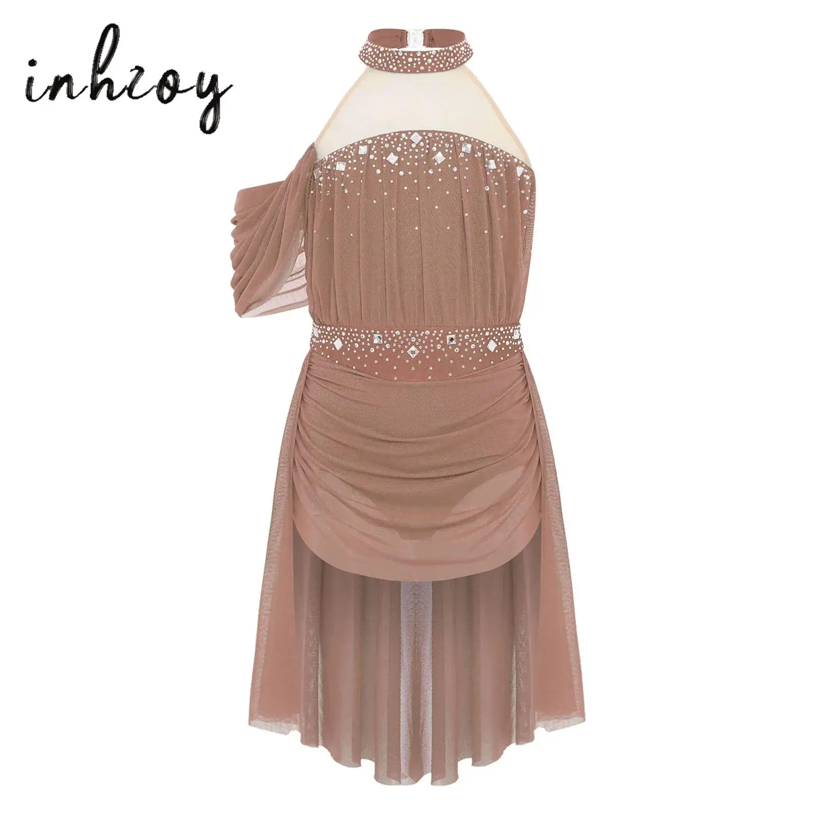 

Kids Girls Lyrical Dance Leotard Dress Halter Backless Cutout Back Shiny Rhinestones Ruched Mesh Drape Dresses Ballet Dancewear