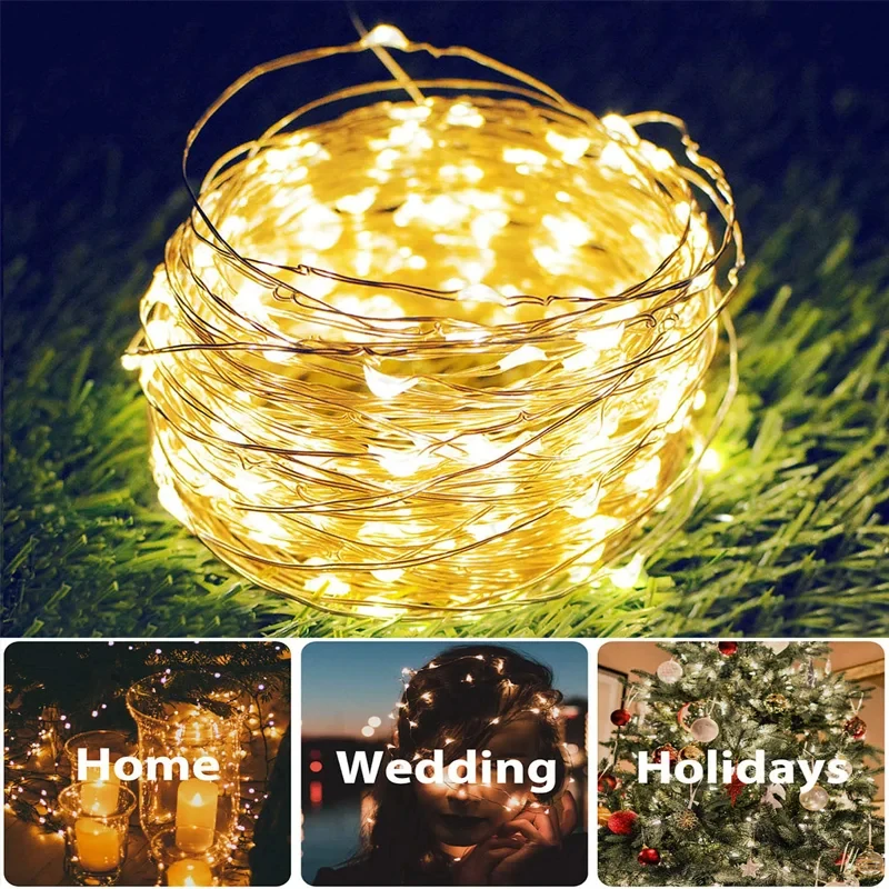 Guirnalda de luces de hadas de energía Solar impermeable, alambre de cobre, guirnalda de fiesta de Navidad, jardín al aire libre, boda, 7M ~ 42M