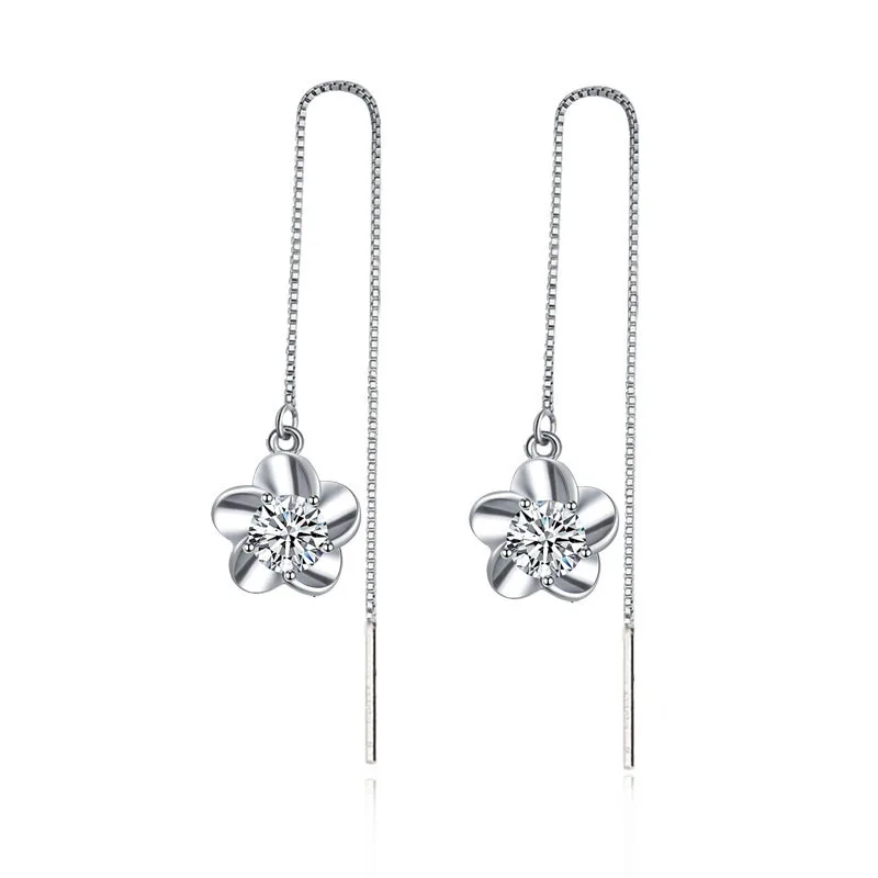 Silver 925 Hoop Earrings For Women Fine Jewelry Purple White Zircon Silver Sample 925 Clover Plum Cherry Blossom Flower Earrings image 4