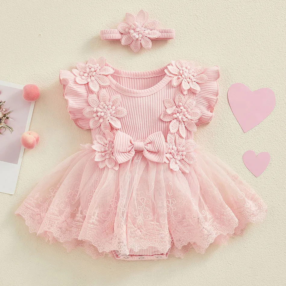 Adorable 2024 Summer Lace and Net Baby Girls One-Piece Dress with Floral Details Designed for Newborns and Infants Bodysuits