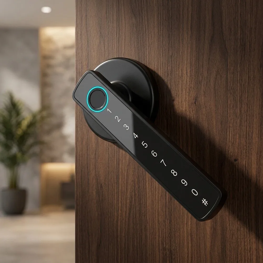 Digital Door Lock with Fingerprint Sensor USB-C Charging Port and Physical Key Override for Interior Applications