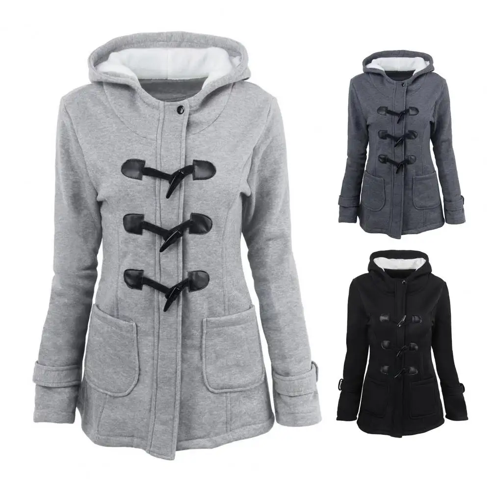 Fall Winter Coat with Side Pockets Solid Color Hooded Horn Button Closure Long Sleeve Thick Plush-lined Jacket Daily School Comm