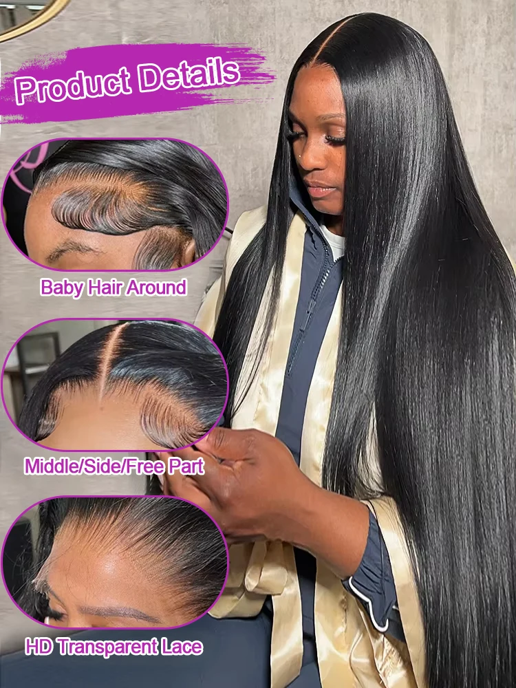 40 46 Inch Bone Straight Human Hair 13x6 HD Lace Frontal Wigs 300% Density 13x4 360 Full Hd Lace Front Human Hair Wigs For Women