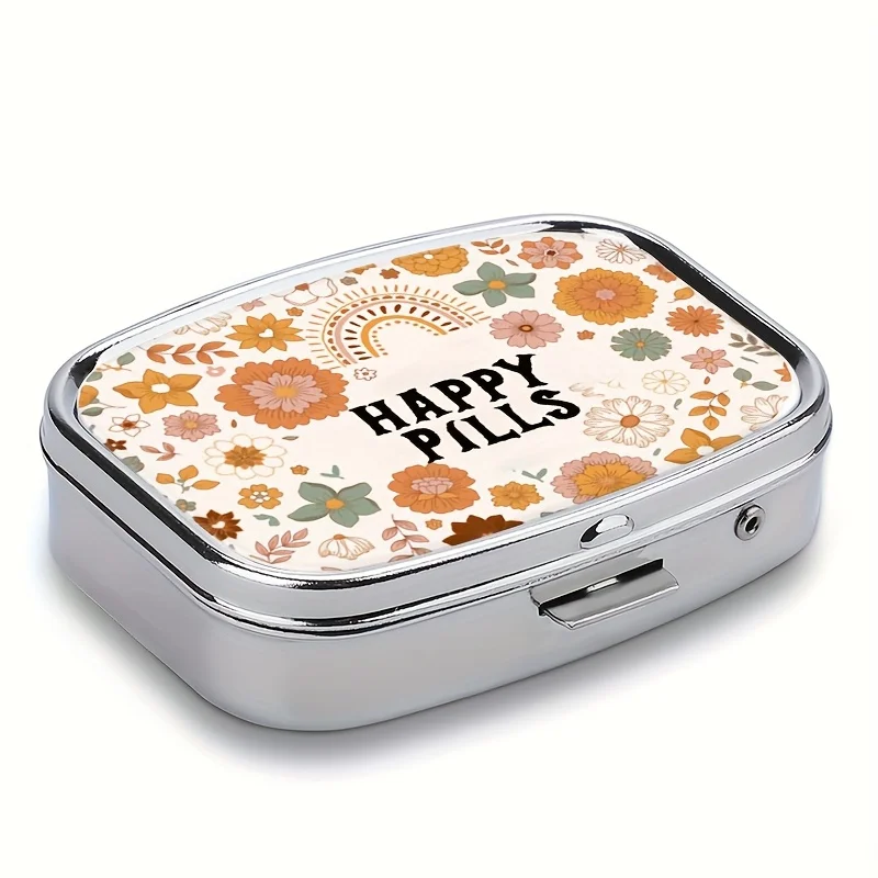 1 Groovy Boho 70s Flower Pattern Medicine Box - Happy Pills Design, 2-Layer Travel Medicine Organizer, Pockets & Wallet