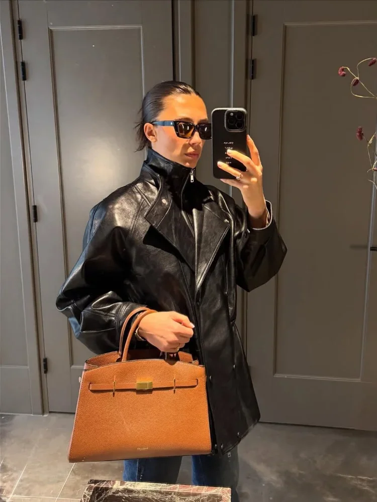 Preto zíper jaqueta de couro feminino chique casual gola manga cheia solta midi jaquetas 2025 senhora diário comute outwear novo