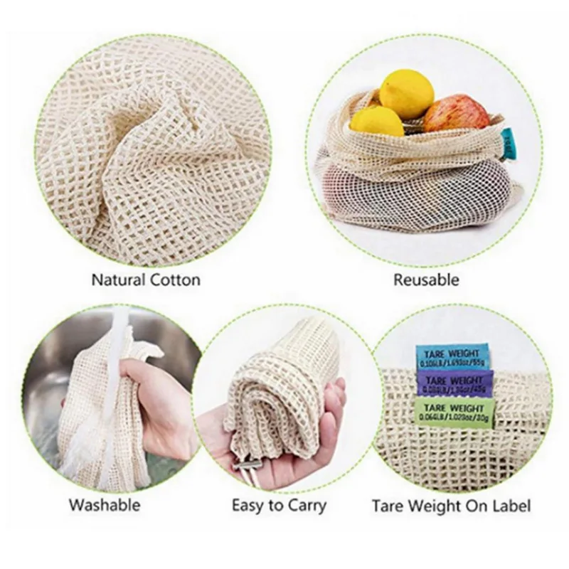 Reusable Mesh Cloth Bag for Vegetable and Fruit, Cotton Net Bag, Single Side Drawstring, Washable Cotton Rope, Produce Bags