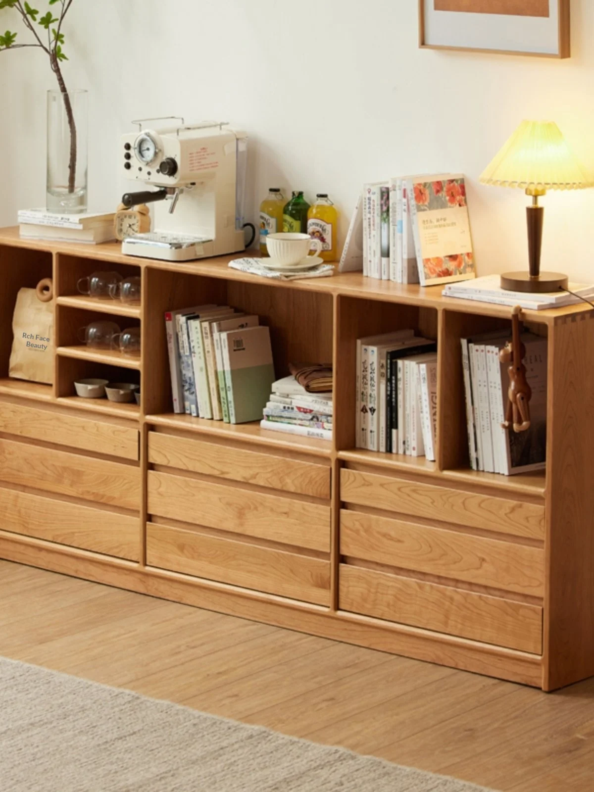 Solid wood low floor-to-ceiling Nordic TV cabinet with drawers and cherry wood shelves Living room locker