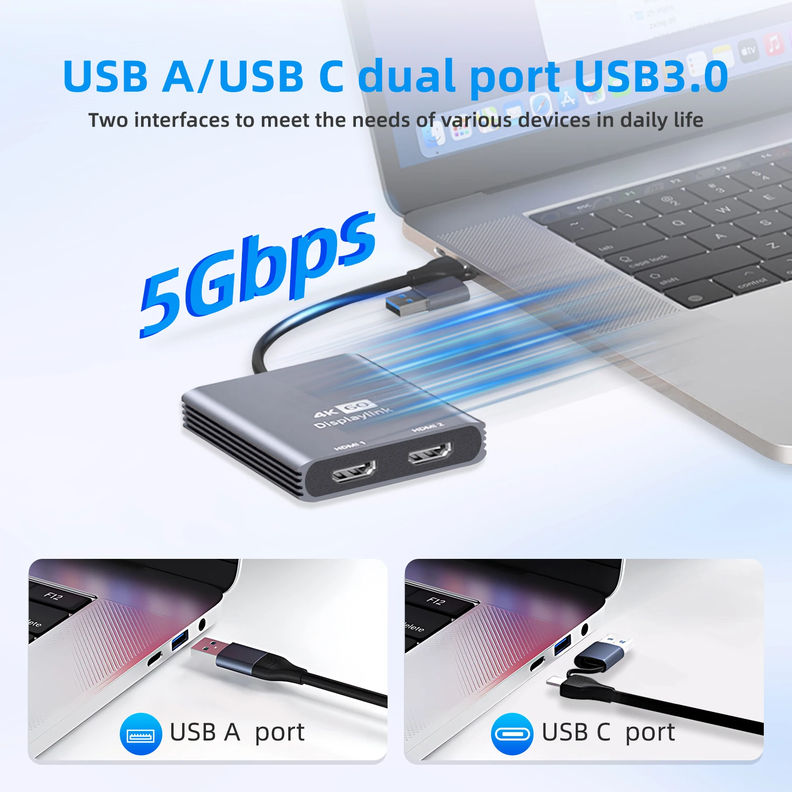 USB-C to HDMI 4K60Hz Dual Monitor Adapter,DisplayLink Adapter Support Multi-Screen Switching, USB 3.0 and HDCP 1.4