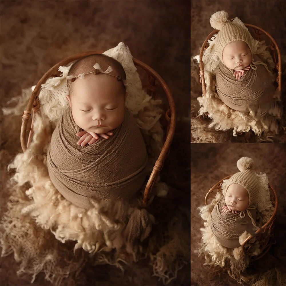 Fotografie Voor Pasgeborenen Rekwisieten Accessoires Kaki Katoen Gaas Hoge Rekbare Wrap Pompom Hoed Hoofdbloem Baby Fotoshoot Prop