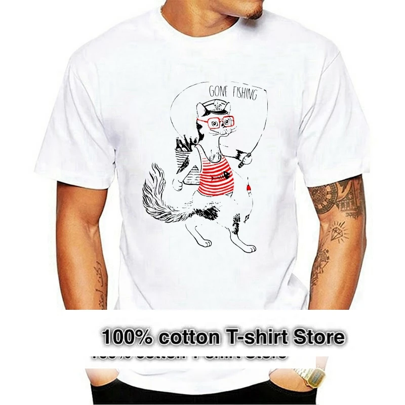 

Cat Gone Fishing Pure Cotton T Shirts Short Sleeve Funny T Shirts Novelty Round Collar Tee Shirt Men's 2024 Fashion