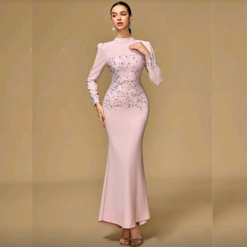 Aangepaste eenvoudige retro jersey lovertjes plooi trompet ronde hals midi-jurken op maat gemaakte gelegenheid voortreffelijk