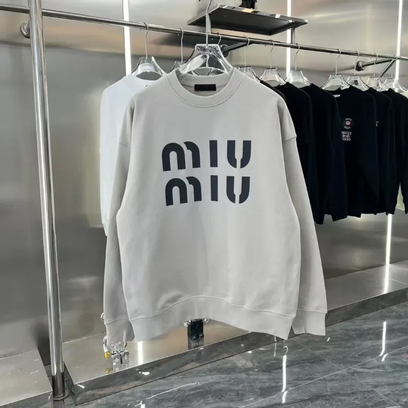 MU Letter Printed Long Sleeved Top Round Neck Loose Casual Women Loose Hoodie Autumn Winter Loose Fashion Brand Casual Tops Men