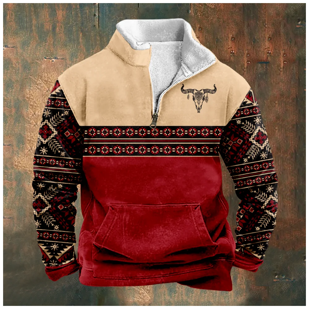 

Autumn Men Pullover Sweatshirts Zip Up Fleeced Long Sleeve Patchwork Hoodies Ethnic Bullfight Tribal Graphics Oversized Tops