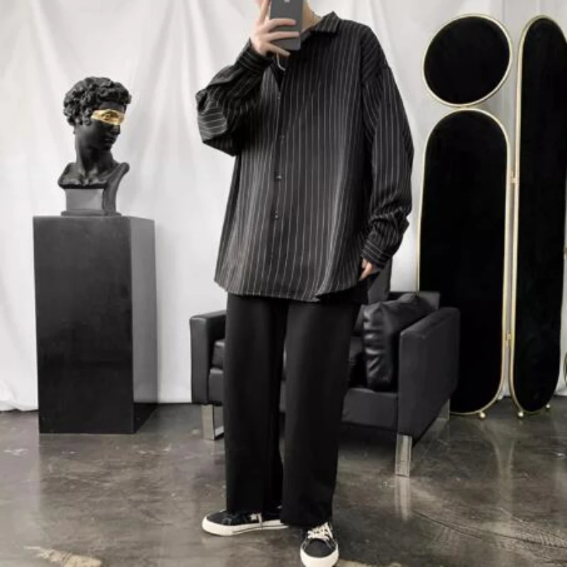 Mens Shirts Fashion Daily Oversize Handsome Korean Style Advanced Striped Long Sleeve Teenagers Spring Autumn All-match Youthful