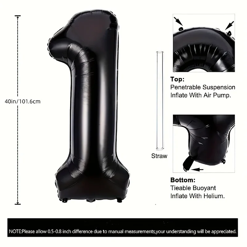 40 Zoll Schwarze Große Zahlenballons 0-9 Digital 1 Heliumballon Große Folienballons Dekorationen für Geburtstagsfeiern – Detail 1