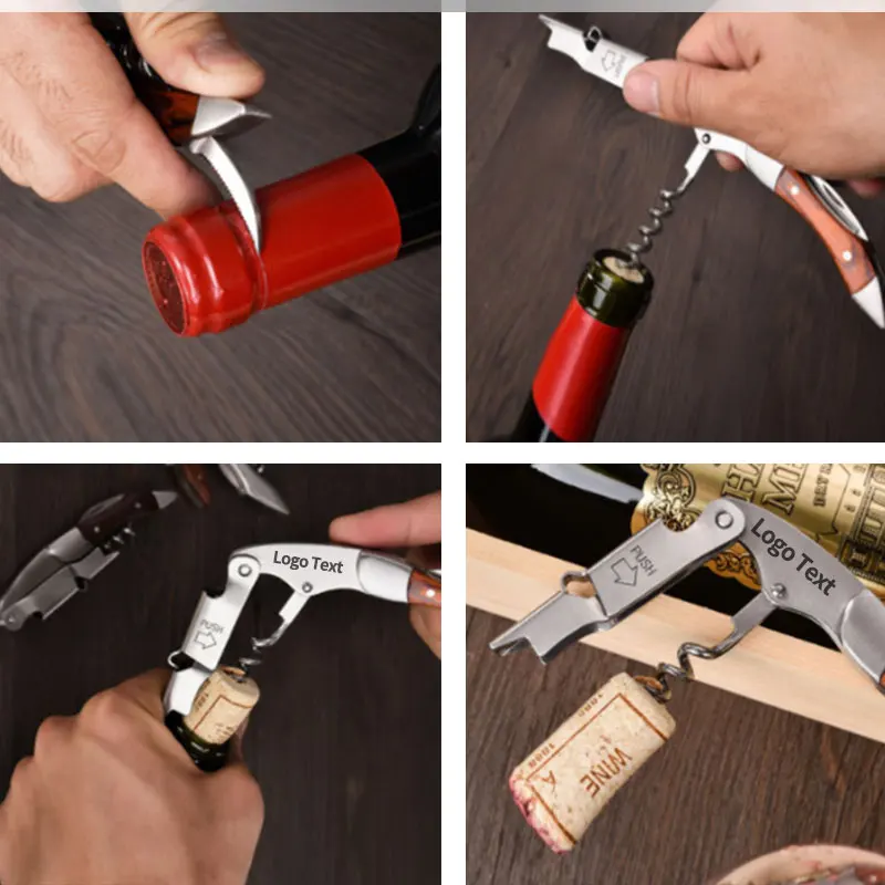 Portable Wood Corkscrew Wine Opener, Multifunction wood Opener with Custom Logo, Metal bottle opener