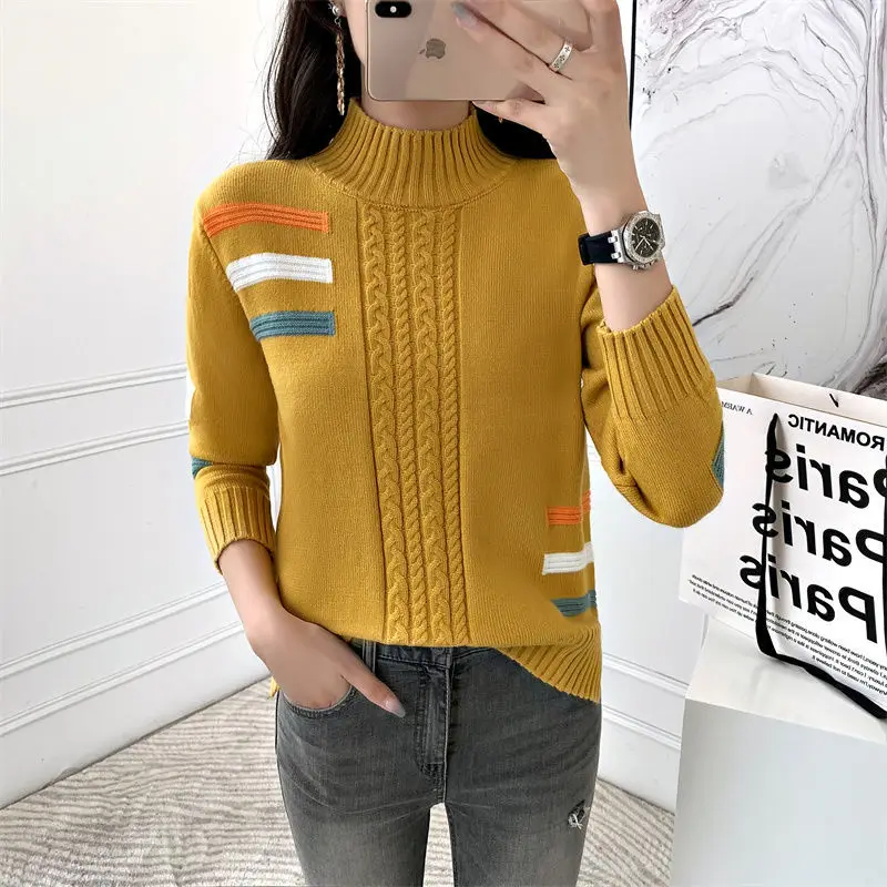 Autumn and Winter Women\'s Half High Collar Long Sleeve Screw Thread Loose Sweaters Jumpers Fashion Casual Office Lady Tops